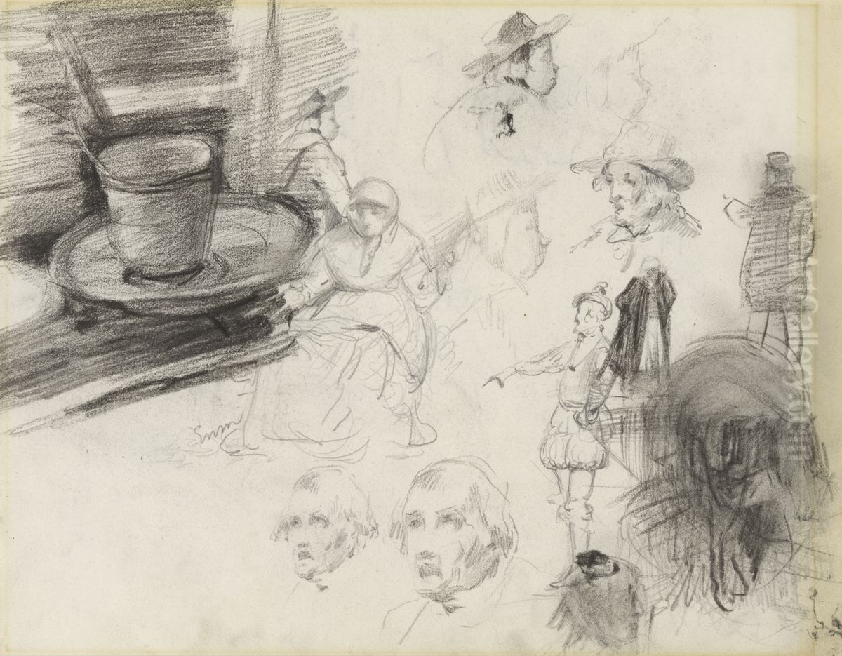 Kop, schoteltje en figuren (recto) Oil Painting by James Ensor