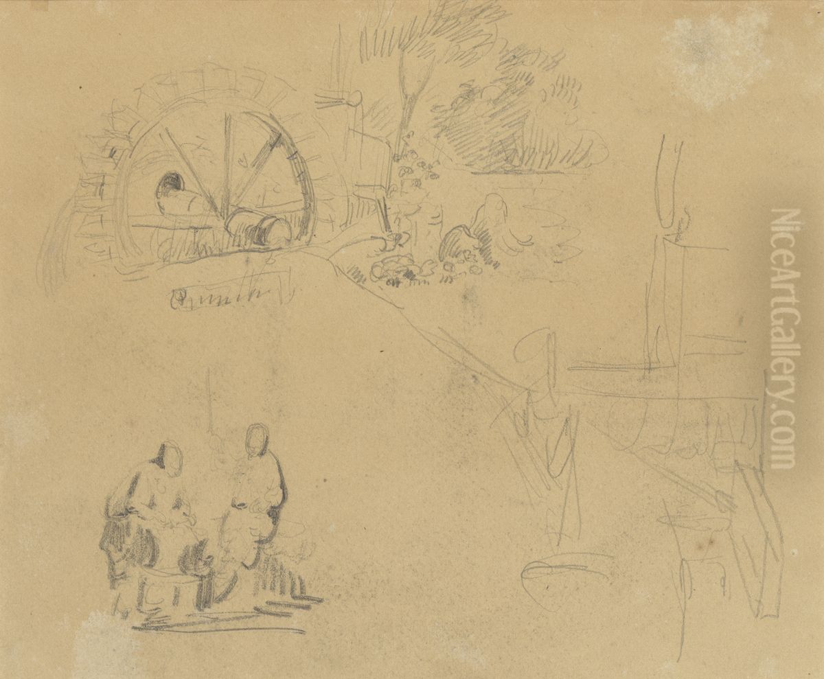 Landschapsfragment met waterrad en twee figuren (verso) Oil Painting by James Ensor