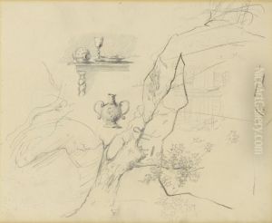 Fragment van een boom, stilleven op een barokke tafel, kruik en figuren (verso)