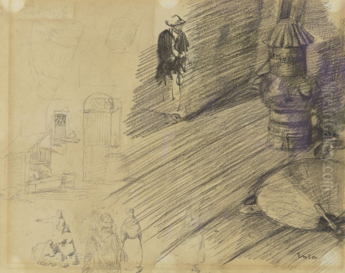 Waaier, lamp en figuren (recto) Oil Painting by James Ensor