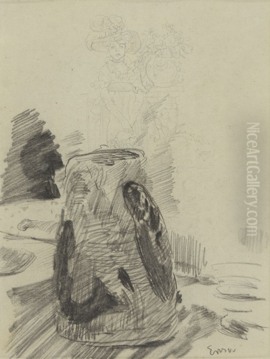 Vaas met vismotief en vrouw met bloemenvaas Oil Painting by James Ensor