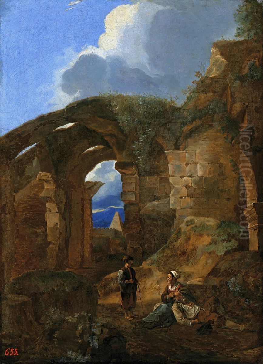Rest of vagabonds in the ruins of the Colosseum. Oil Painting by Michelangelo Cerquozzi
