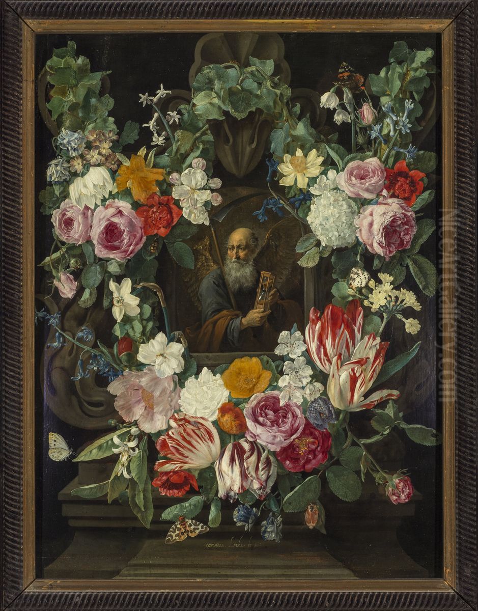 Allegory of Time in the wreath of flowers Oil Painting by Carstian Luyckx