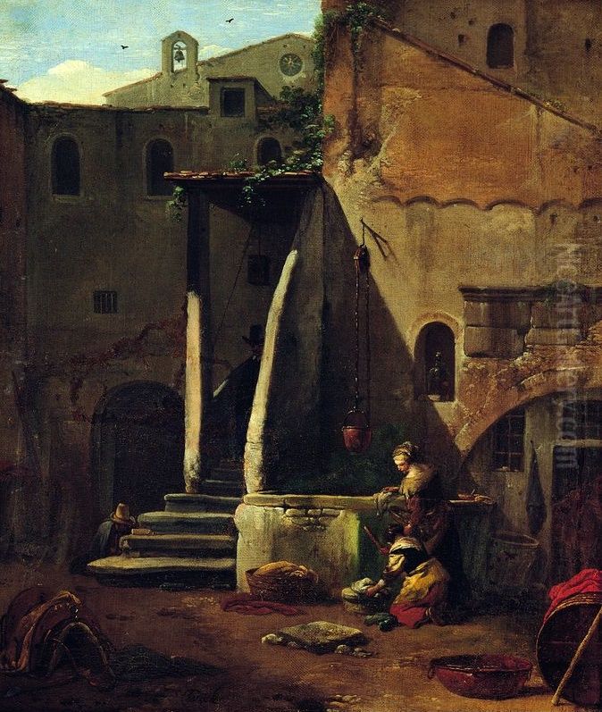 Courtyard with washerwomen at a well Oil Painting by Thomas Wijck