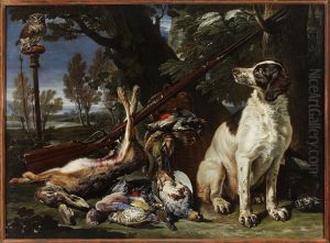 Dog, hunting trophies and an owl