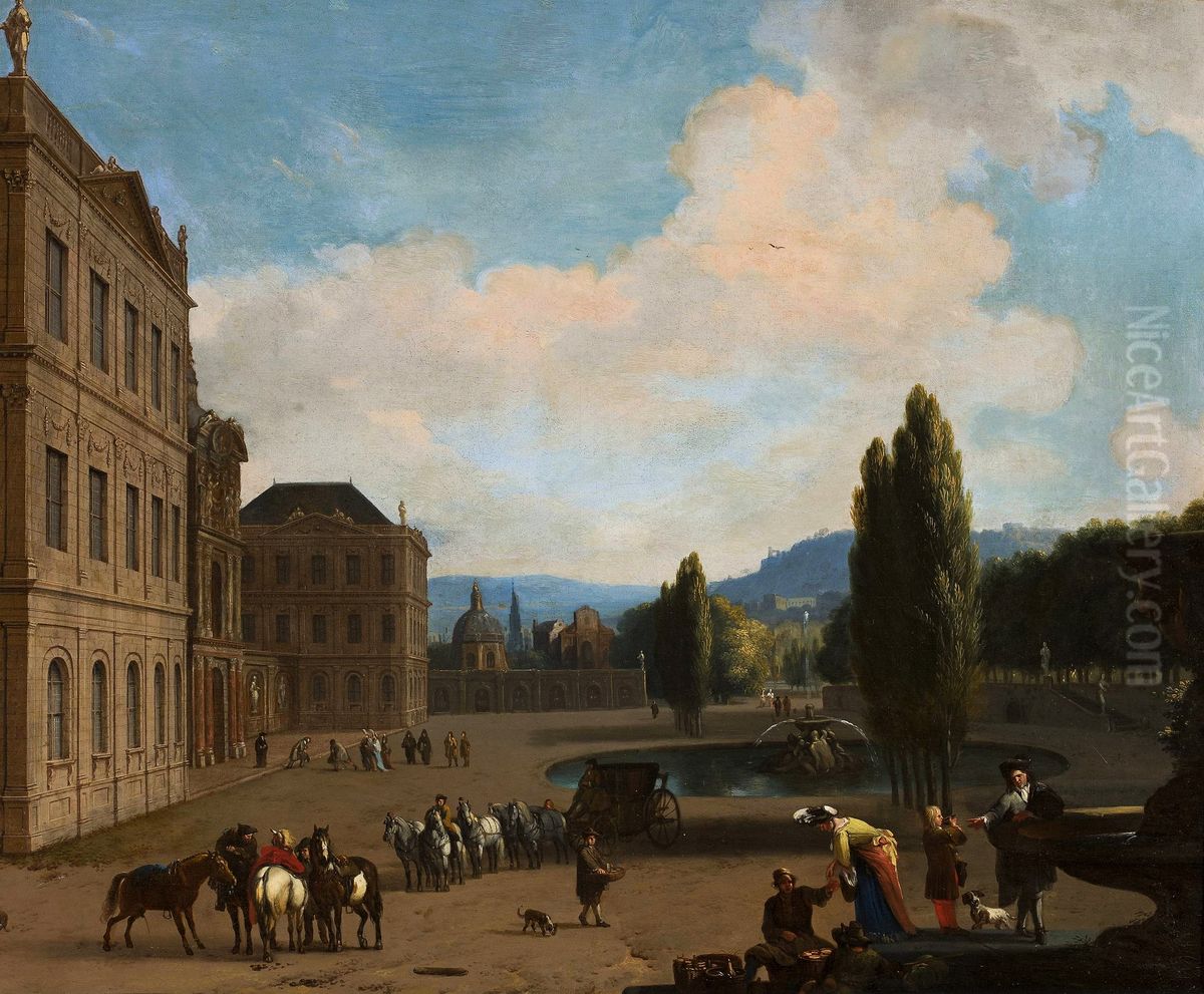 Palace courtyard with a fountains, a carriage and people Oil Painting by Hendrik Verschuring