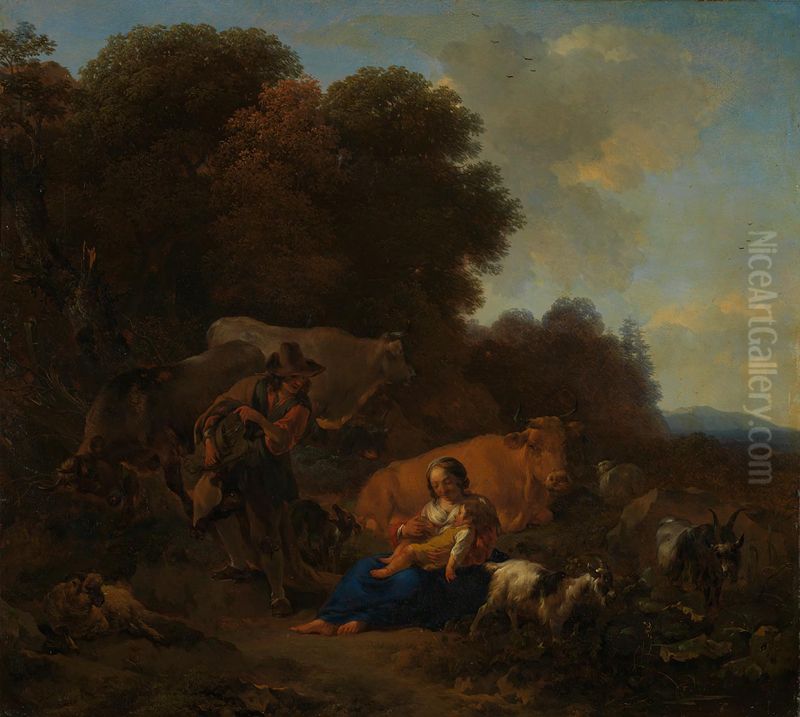 A Peasant playing a Hurdy-Gurdy to a Woman and Child Oil Painting by Nicolaes Pieterszoon Berchem