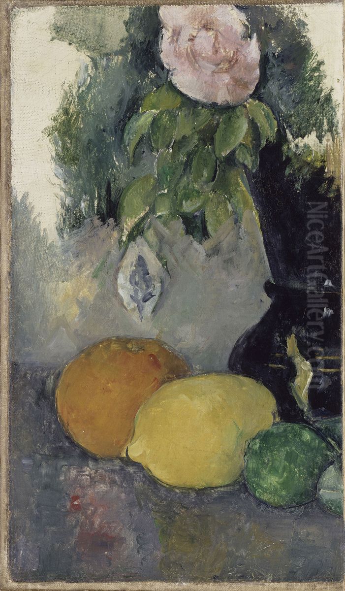 Nature morte, rose et fruits Oil Painting by Paul Cezanne