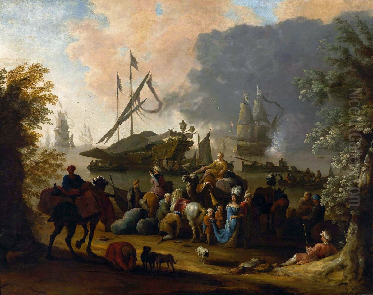 View of a Mediterranean port. Oil Painting by Hendrik van Minderhout