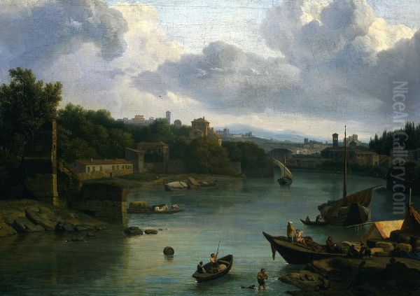 The Tiber with a view of Ripa Grande. Oil Painting by Isaac de Moucheron