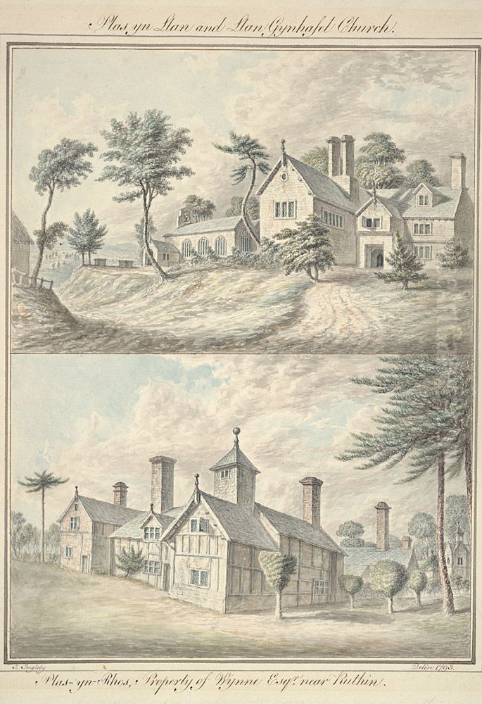 Plas yn Llan and Llan Gynhafel Church ; Plas yn Rhos, property of Wynne Esq, near Ruthin Oil Painting by John Ingleby