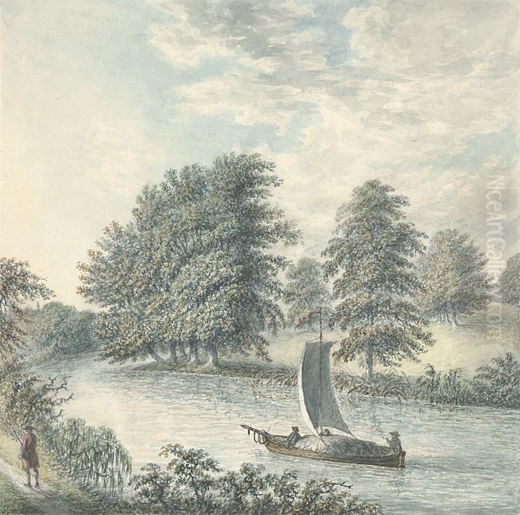 View in the footway between Eaton and Eccleston from the banks of the Dee Oil Painting by John Ingleby