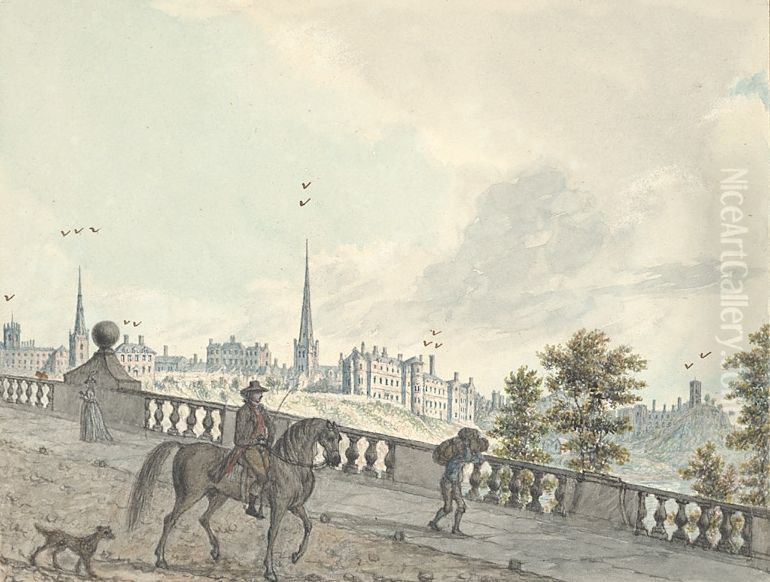 View of Shrewsbury from the new bridge Oil Painting by John Ingleby View of Shrewsbury from the new bridge Oil Painting by John Ingleby