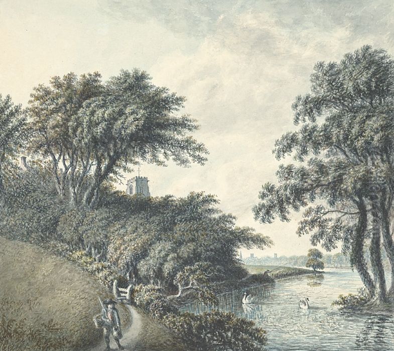 View of the River Dee with Eccleston Church and distant view of Chester Oil Painting by John Ingleby