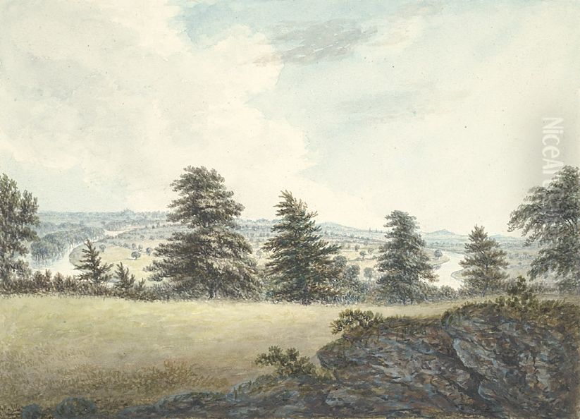 View of the Severn & Isle of Up Rossal and distant view of Shrewsbury Oil Painting by John Ingleby