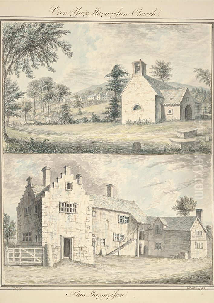 Fron Ynys & Llangwyfan Church ; Plas Llangwyfan Oil Painting by John Ingleby