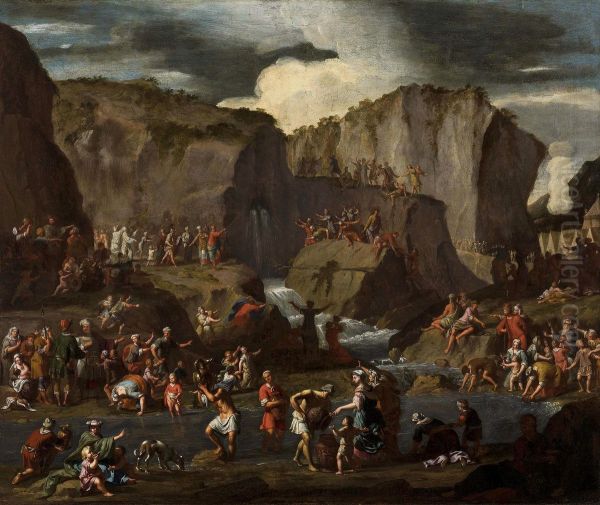 Moses strikes water from the stone. Oil Painting by Krzysztof Lubieniecki