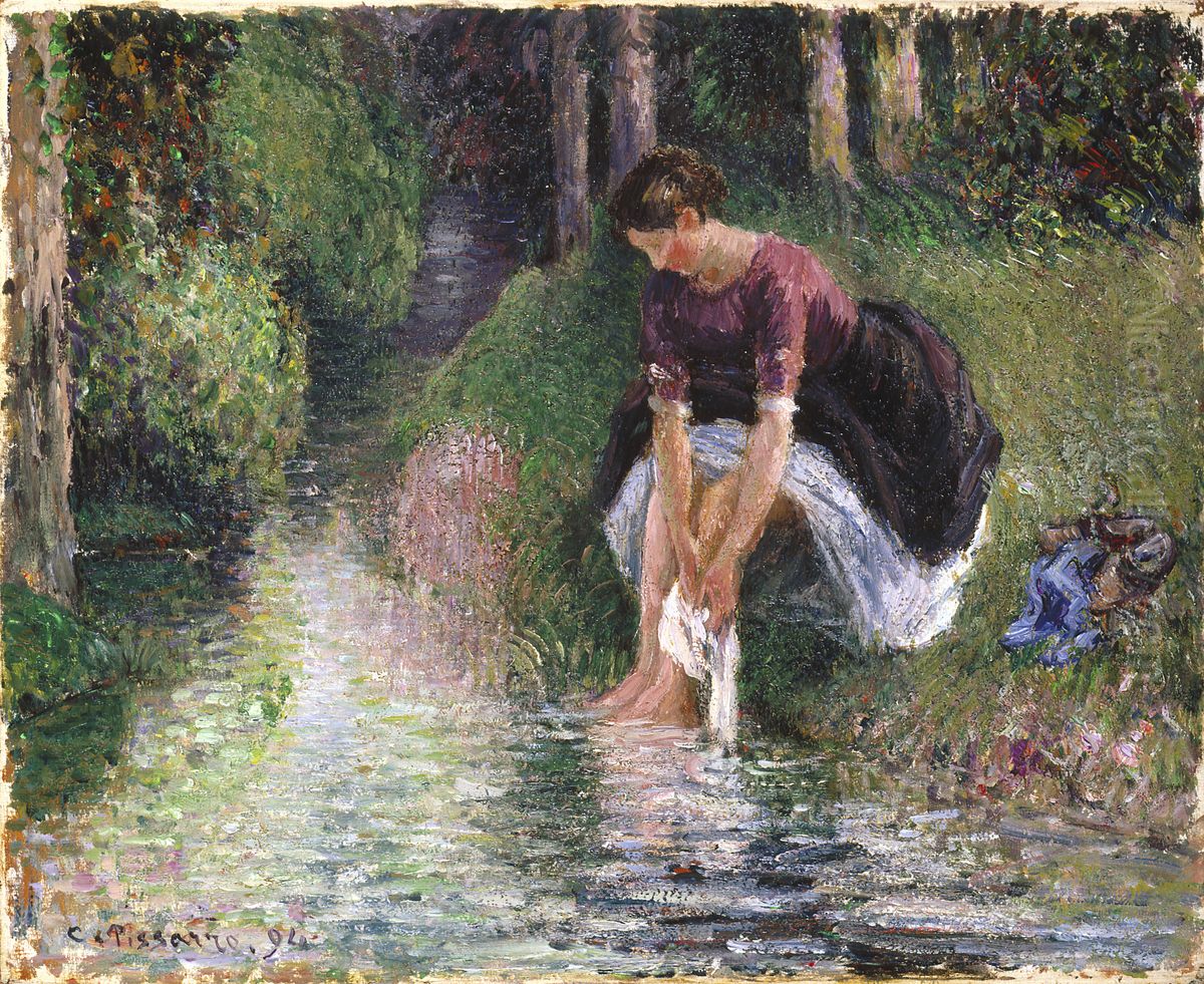 Woman Washing Her Feet in a Brook Oil Painting by Camille Pissarro