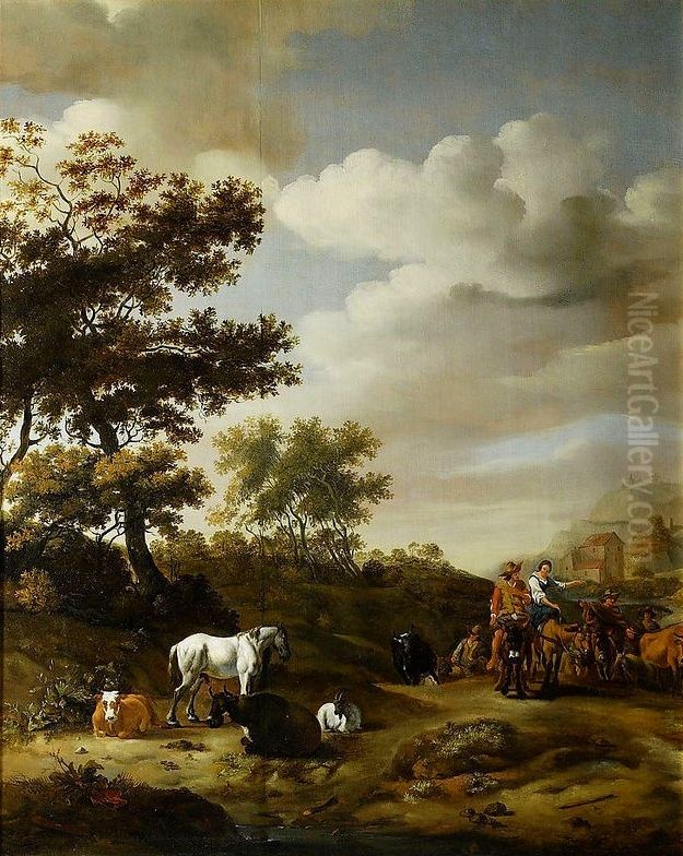 Landscape with travelers and cattle. Oil Painting by Abraham Begeyn