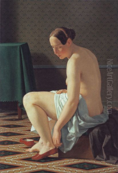 Nude Woman in the Process of Putting on Her Slippers Oil Painting by Christoffer Wilhelm Eckersberg