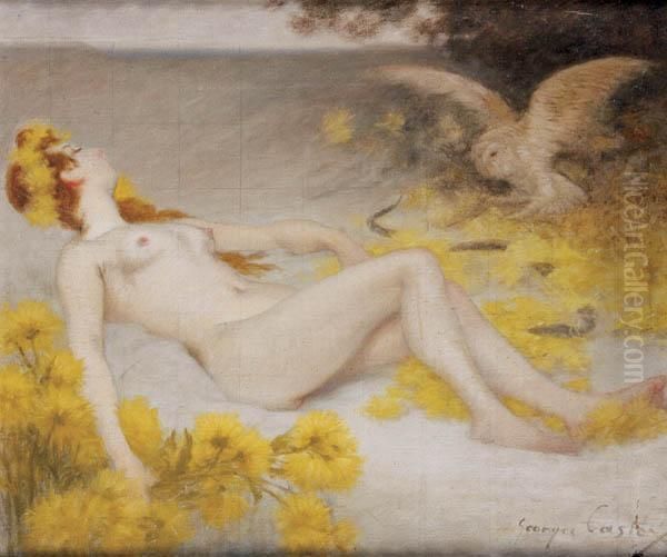 Reclining Nude With Owl And Snake Between Them Oil Painting by Georges Castex