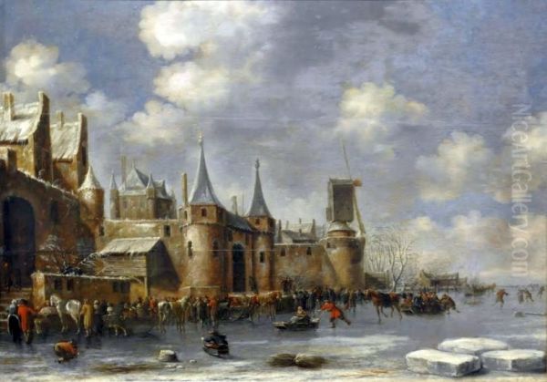 Skaters outside city walls. Oil Painting by Thomas Heeremans