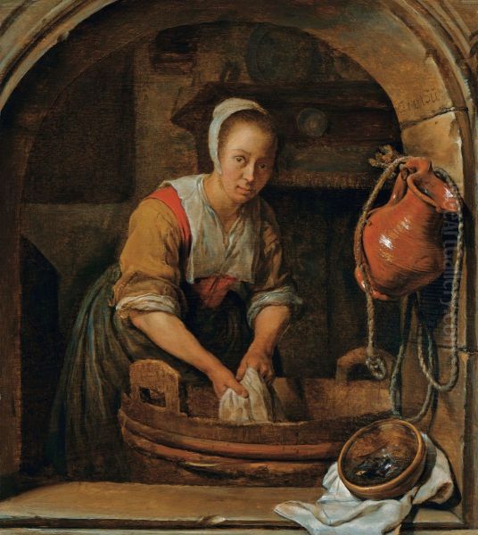 Woman washing textiles in a tub Oil Painting by Gabriel Metsu