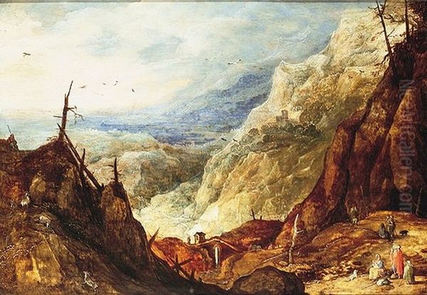 Mountain landscape with campers and a broken tree. Oil Painting by Joos de Momper the Younger