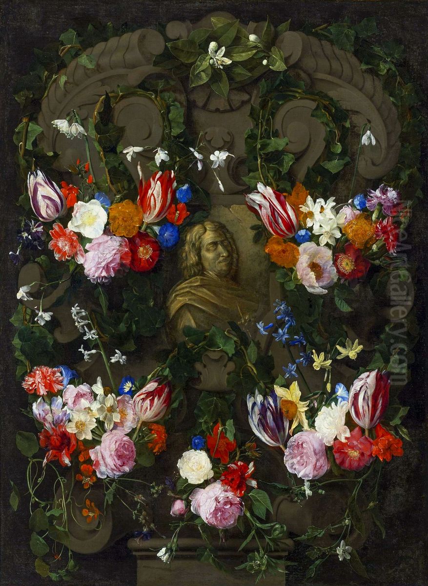 Sculpted cartouche adorned with flowers surrounding a relief with a portrait of Nicolas Poussin Oil Painting by Daniel Seghers