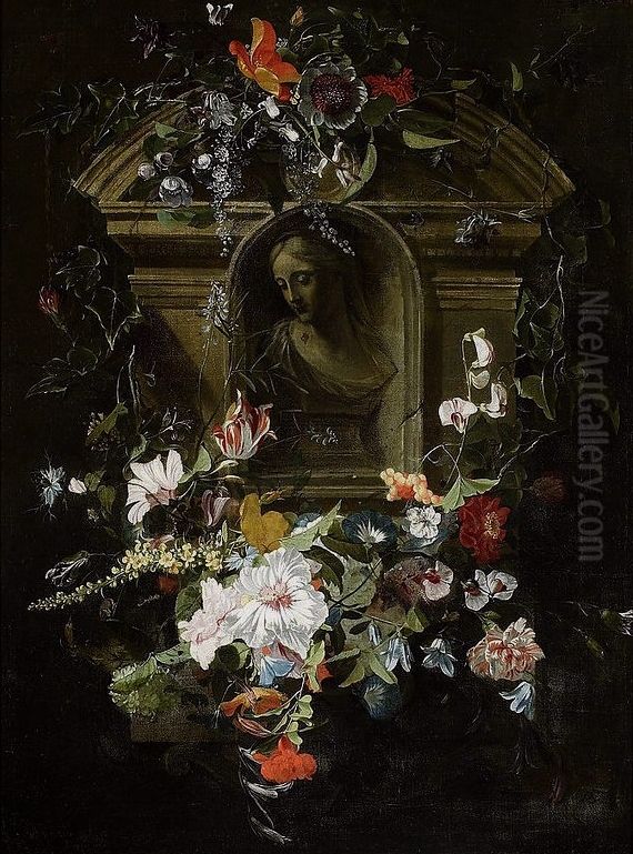 A bust portrait of a woman in a flower wreath. Oil Painting by Daniel Seghers