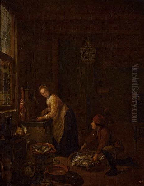 Een jongen brengt een keukenmeid een mand met vis. Oil Painting by Hendrik Martenszoon Sorgh
