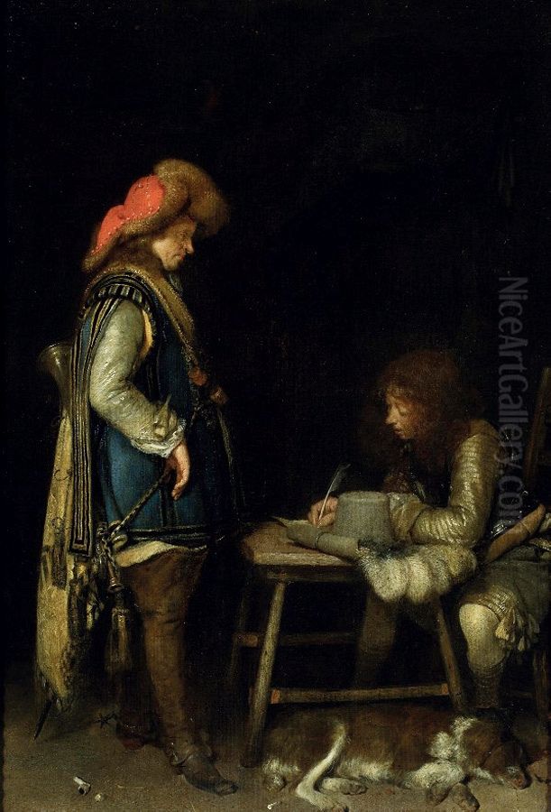 Officer writing a letter, with a messenger Oil Painting by Gerard Ter Borch