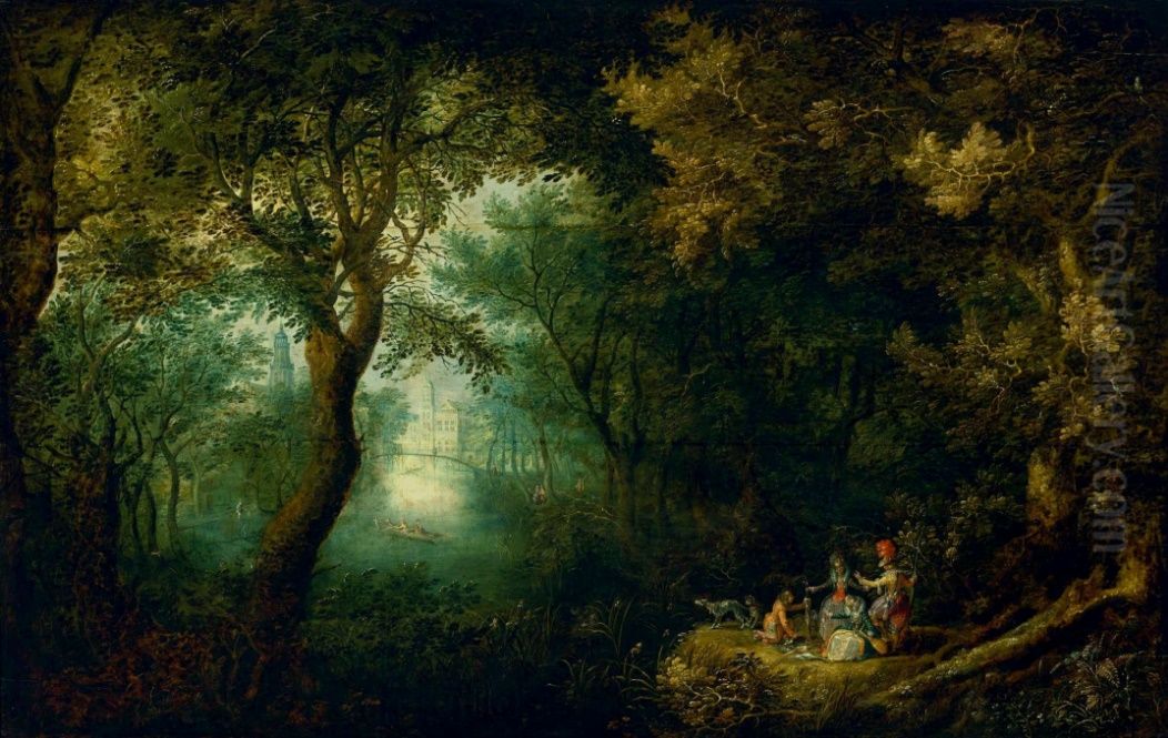 Park landscape with a company returning from the hunt Oil Painting by David Vinckboons I