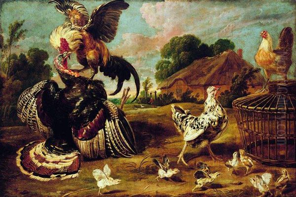 Turkey and rooster. Oil Painting by Paul de Vos