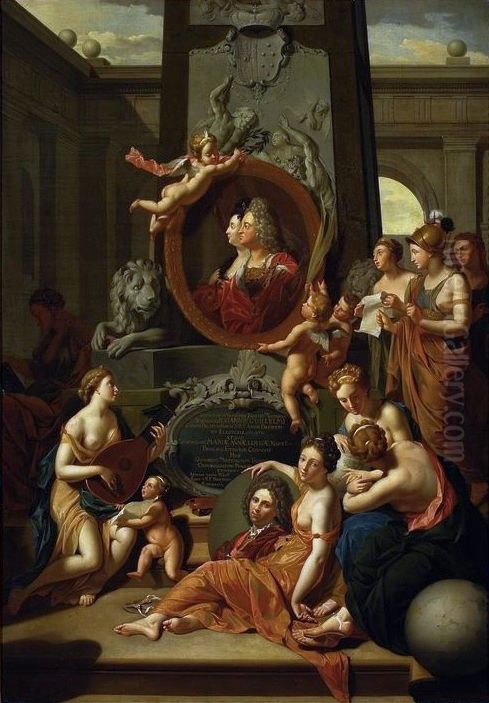 The honouring of the arts with the portraits of Johann Wilhelm of the Palatine (1658-1716), Anna Maria Luisa de' Medici (1667-1743) and Adriaen van der Werff (1659-1722) Oil Painting by Adriaen Van Der Werff