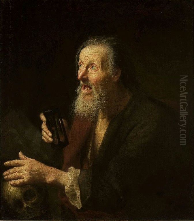 Old man with a sandglass and a skull Oil Painting by Balthasar Denner