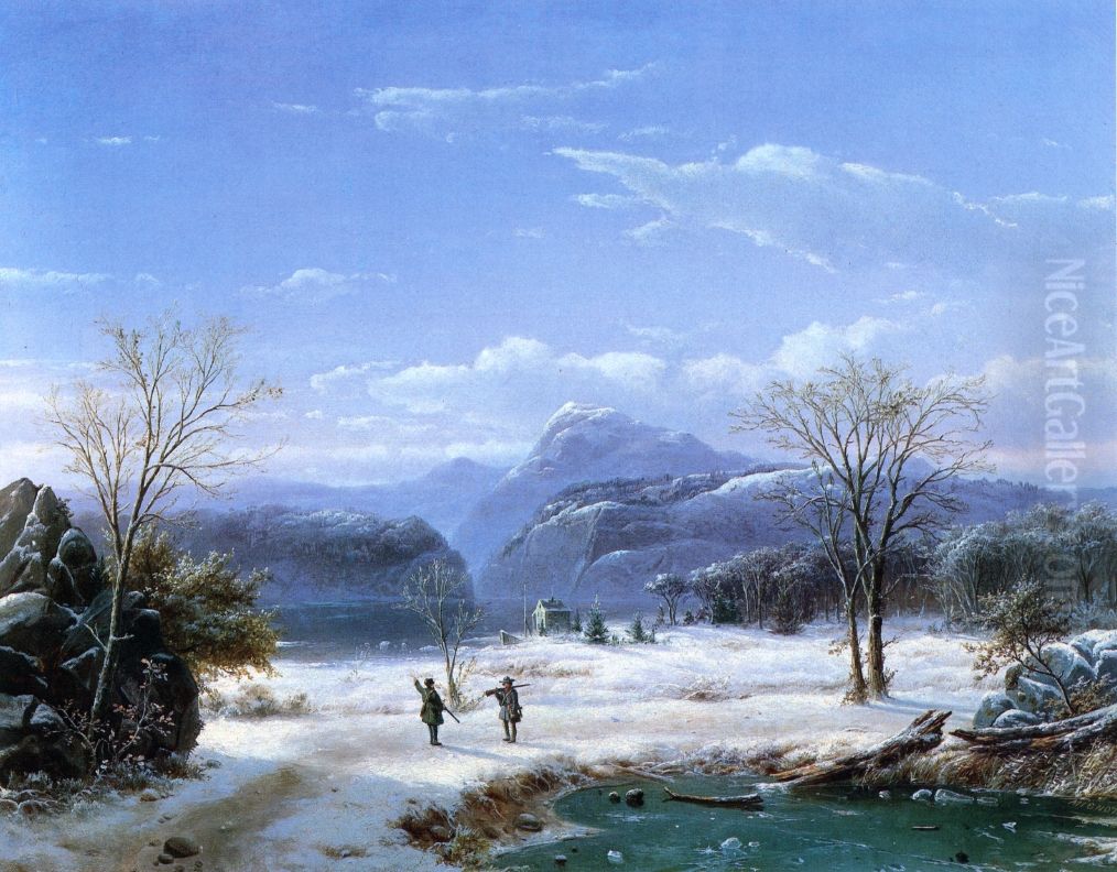 Hunters in a Winter Landscape Oil Painting by Louis Remy Mignot
