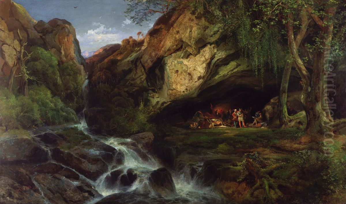 Salvator Rosa Sketching the Banditti Oil Painting by Thomas Moran Salvator Rosa Sketching the Banditti Oil Painting by Thomas Moran