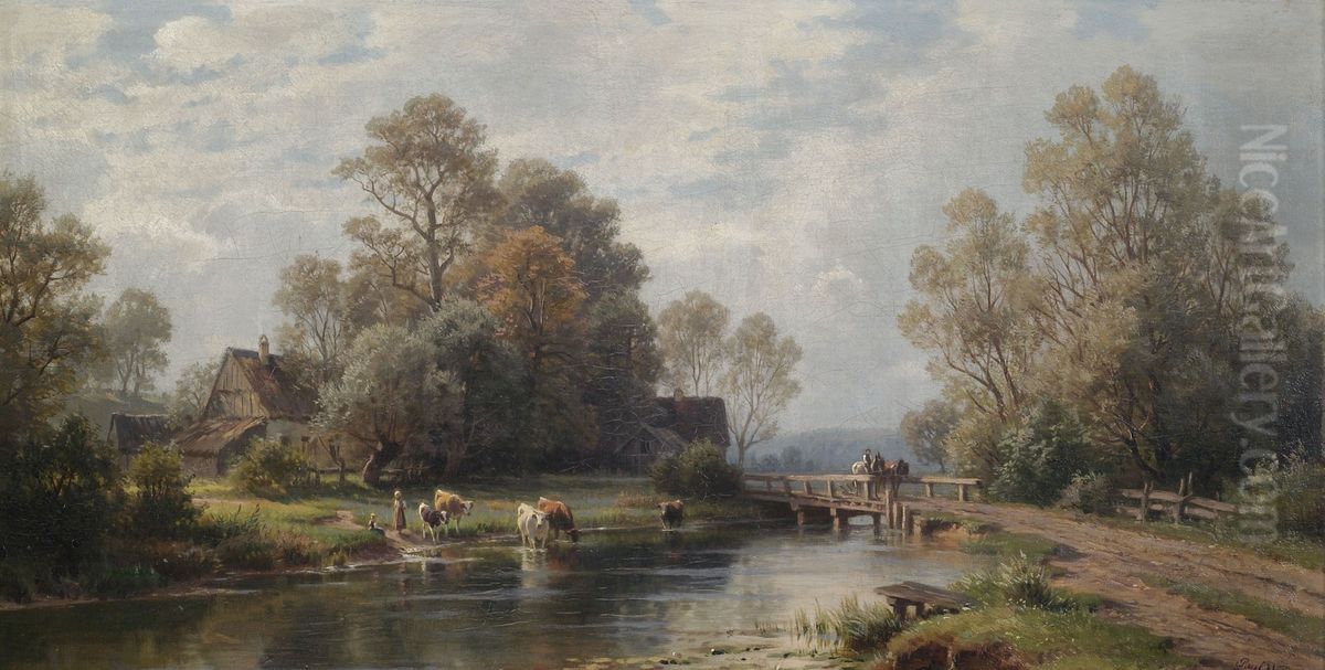 Summer River Landscape near a Farmstead Oil Painting by Paul Weber