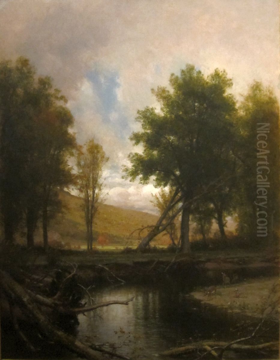 Landscape with Stream and Deer Oil Painting by Worthington Whittredge