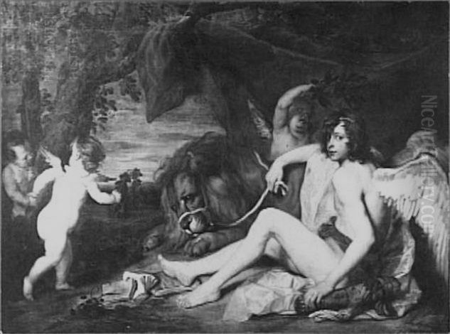 Allegorie op de macht van de liefde: Amor met de gebreidelde leeuw Oil Painting by Thomas Willeboirts Bosschaert