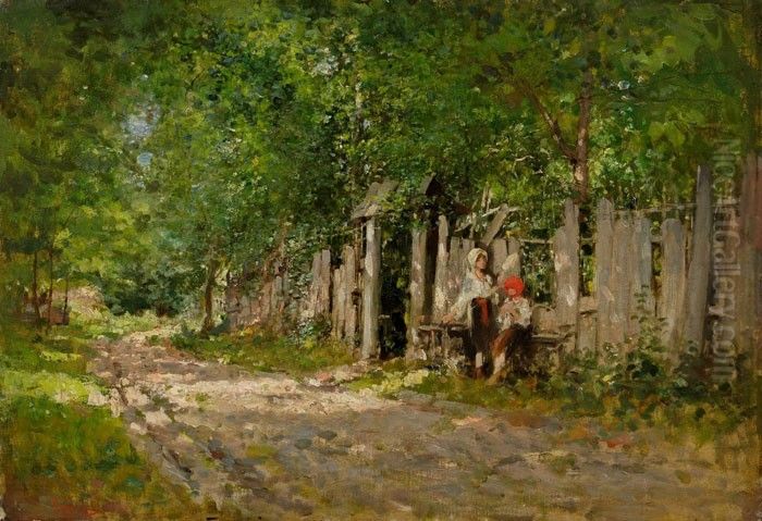 Girls Spinning at the Gate Oil Painting by Nicolae Grigorescu