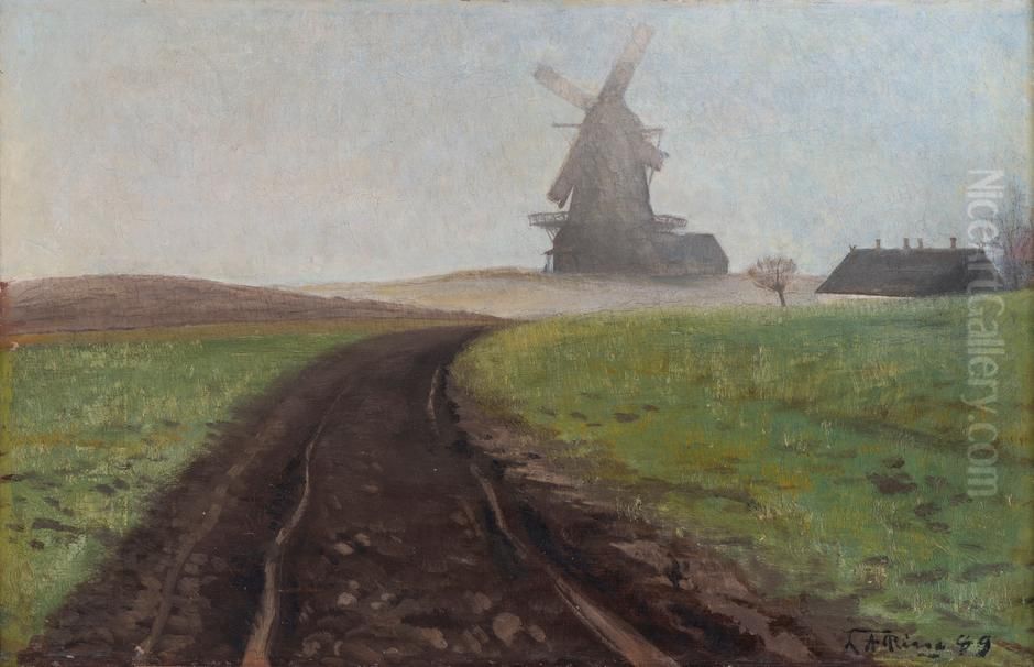 Taget landskab med Mogenstrup MolleellerTage. Mark landskab med opblodt vej i forgrunden Oil Painting by Laurits Andersen Ring