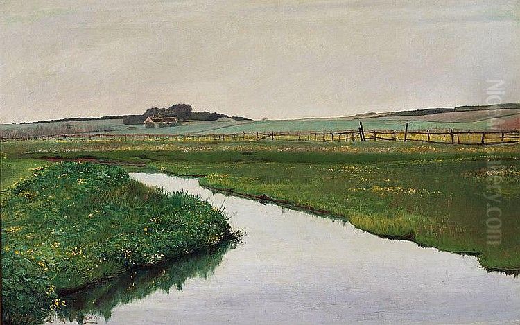 Running through green fields with yellow cable bearings Oil Painting by Laurits Andersen Ring