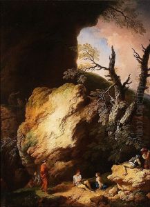 Rocky landscape with figures.