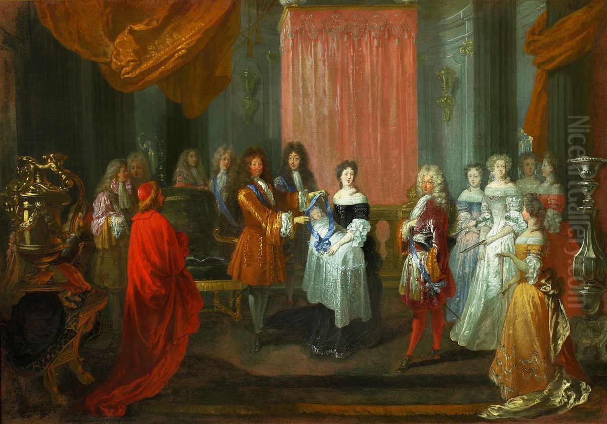 Ludwik XIV dekoruje orderem cordon bleu ksiecia Burgundii, ojca przyszlego Ludwika XV. Oil Painting by Jean-Antoine Watteau