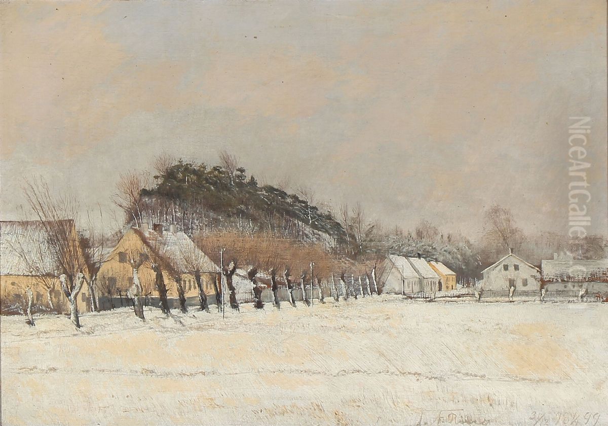 Road from Frederiksvaerk to Torup. Snow landscape with old yellow houses Oil Painting by Laurits Andersen Ring