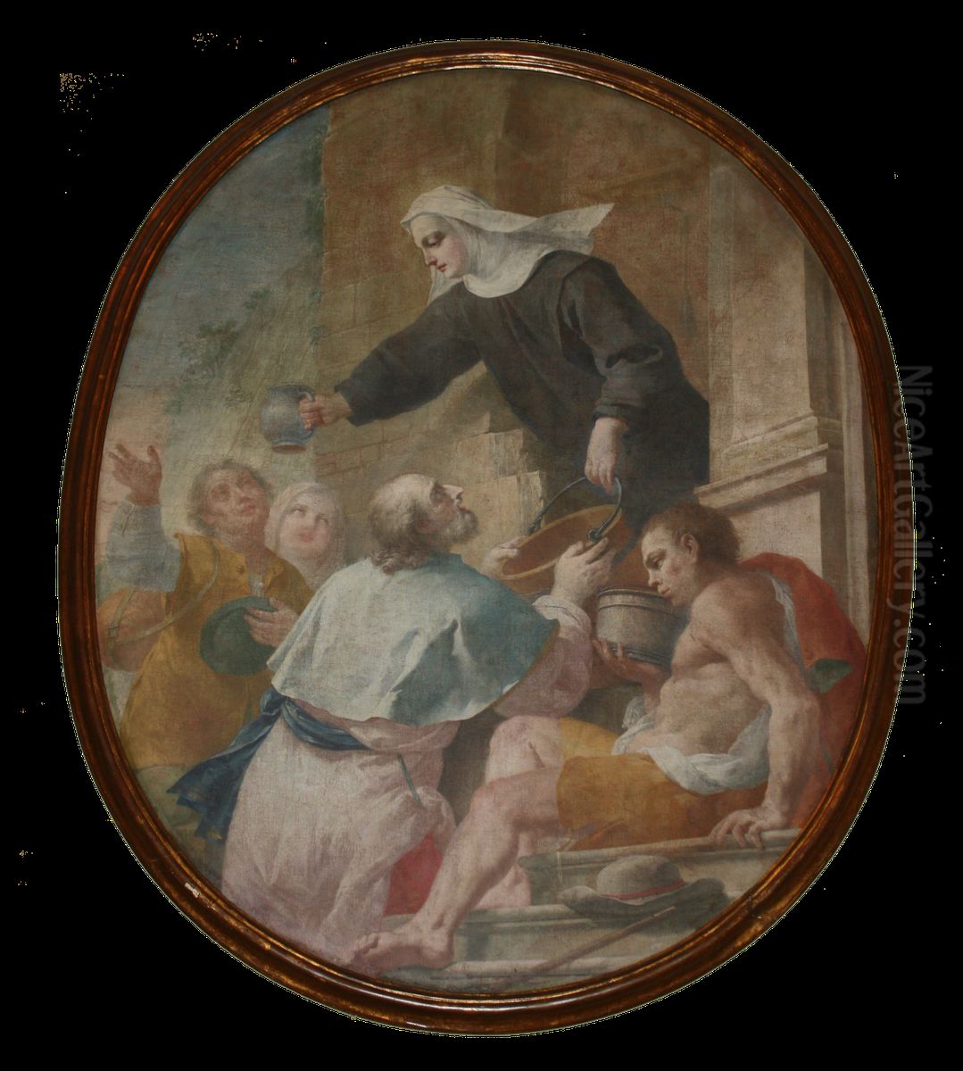 Giuliana distribuisce l'acqua ai pellegrini assetati Oil Painting by Biagio Bellotti