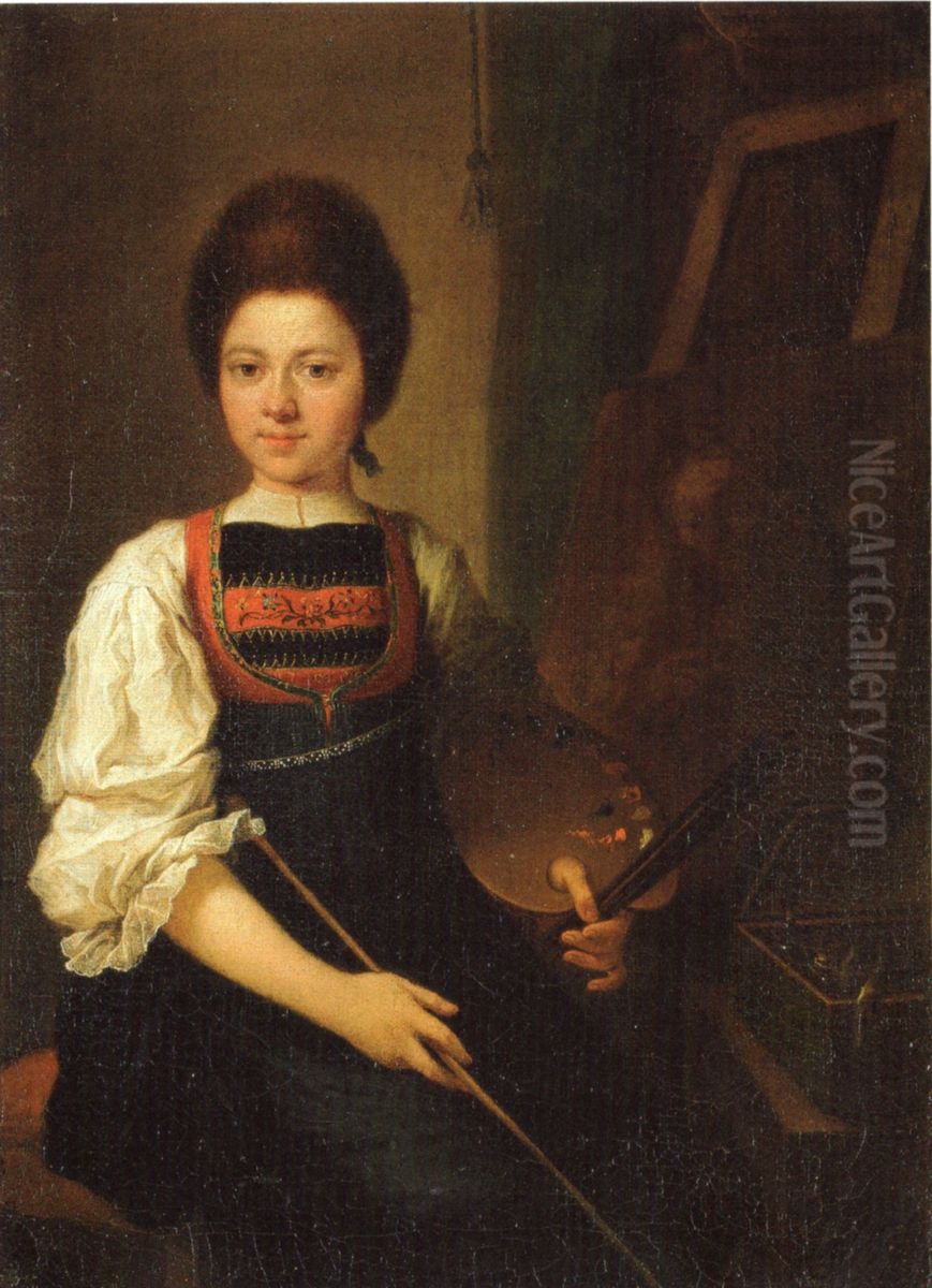Self-Portrait in the Traditonal Costume of the Bregenz Forest, Seated at her Easel Oil Painting by Angelica Kauffmann