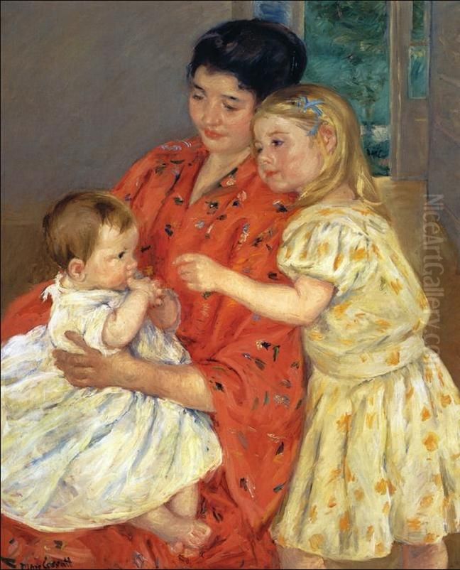 Mother and two children - 1901 Oil Painting by Mary Cassatt